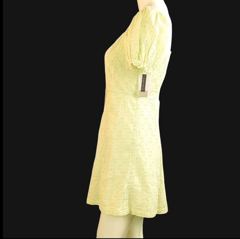 BP Eyelet Mini-Dress, Button Front Puffed Sleeves Lemon Lime Color - Picture 4 of 12